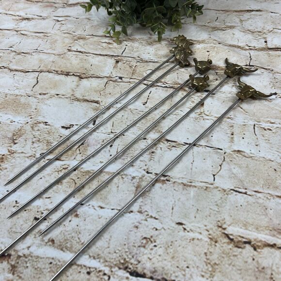 Set of 6 Vintage Brass Top Animal Shape Shish Kabob Skewers Stainless Steel - Picture 2 of 3